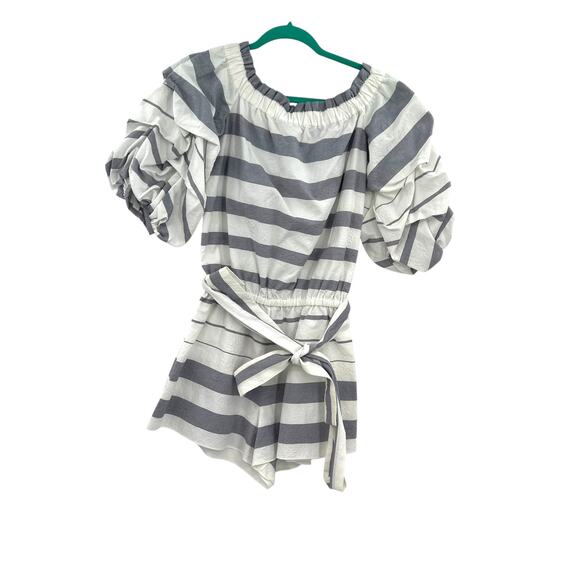 Alexis North Romper Striped Off the Shoulder Puff Sleeve White Gray Size Small - Picture 2 of 11